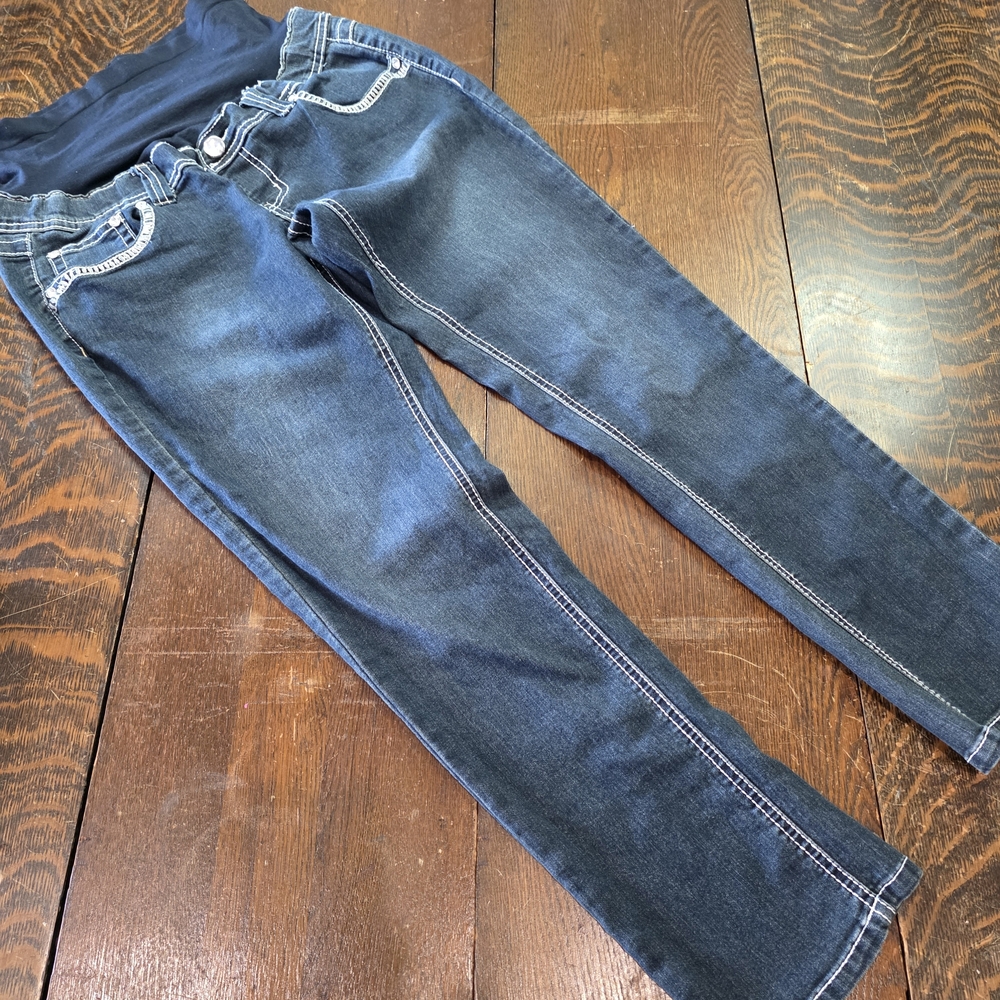 New Recruit dark wash denim maternity jeans white stitching embellished pockets